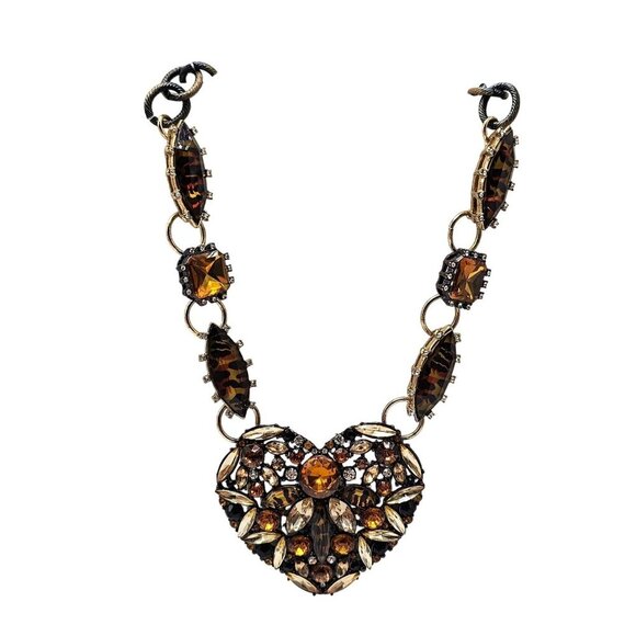Betsey Johnson Heart Statement Necklace With Leopard Print Topaz Colored - Picture 1 of 10